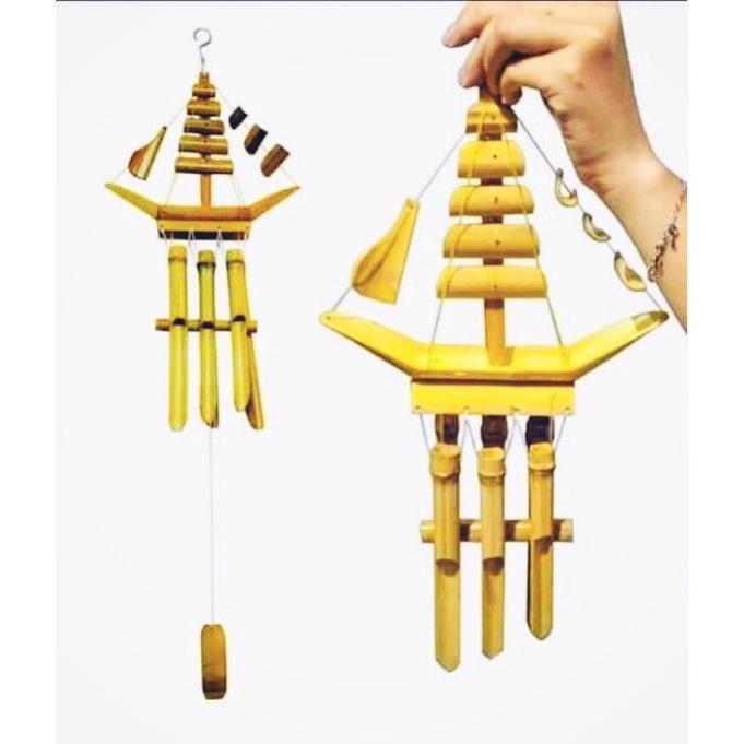 Chuông gió treo trang trí chất liệu tre xử lý mối mọt hình thuyền kích thước 60cm nhỏ xinh tiếng kêu vang