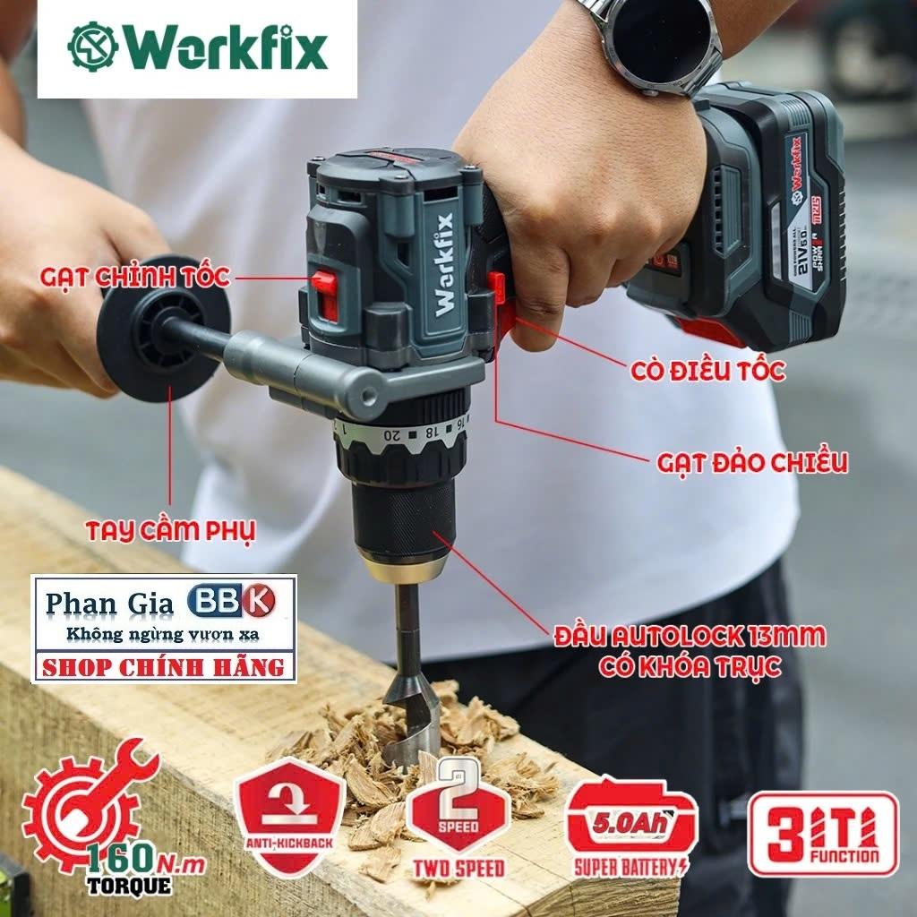 Máy khoan pin 13mm Workfix WF-ID160AK lực siết 160Nm, Không Chổi Than, Chống lật cổ tay-Bảo hành chính hãƞg