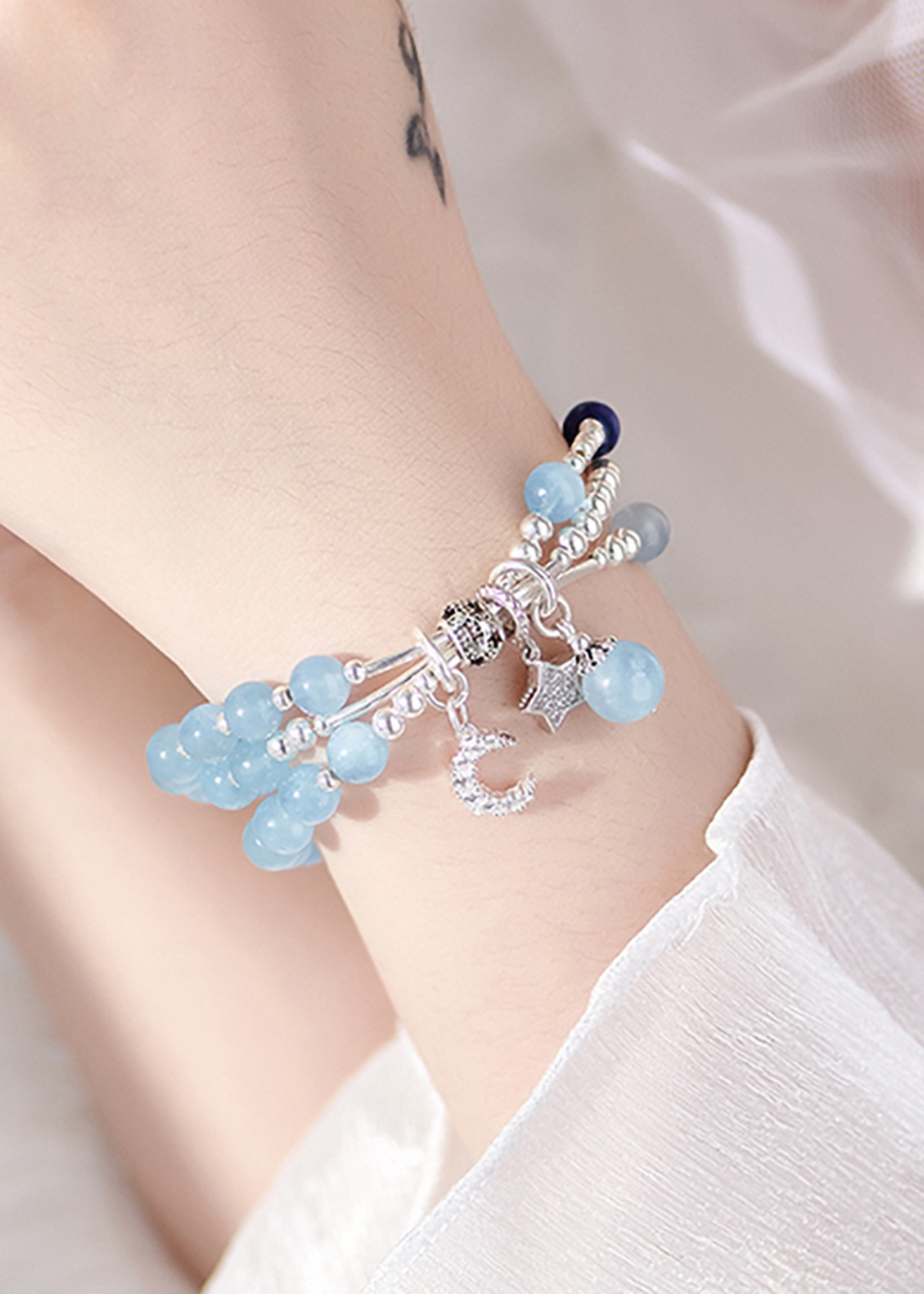 Vòng tay 3 line đá aqumarine charm bạc mệnh thủy, mộc - Ngọc Quý Gemstones