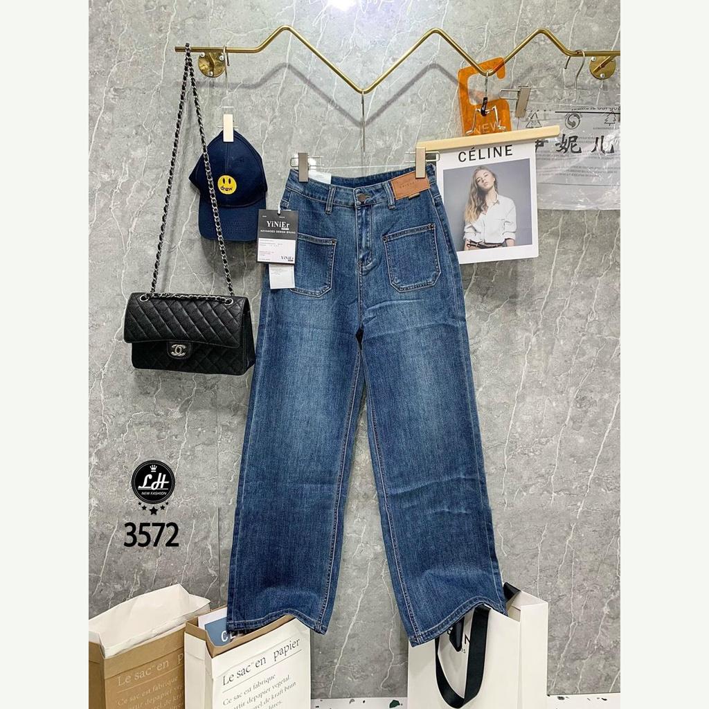 Quần jean nữ ống rộng, quần bò màu xanh túi đấp vuông lưng có tag dễ thương cho nàng Lê Huy Fashion MS 3572