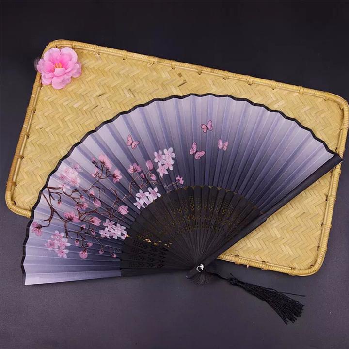 Quạt xếp quạt trúc cầm tay quạt phong cách cổ trang Trung Quốc in hoa trang trí mẫu xám đào bướm hồng tặng ảnh thiết kế Vcone