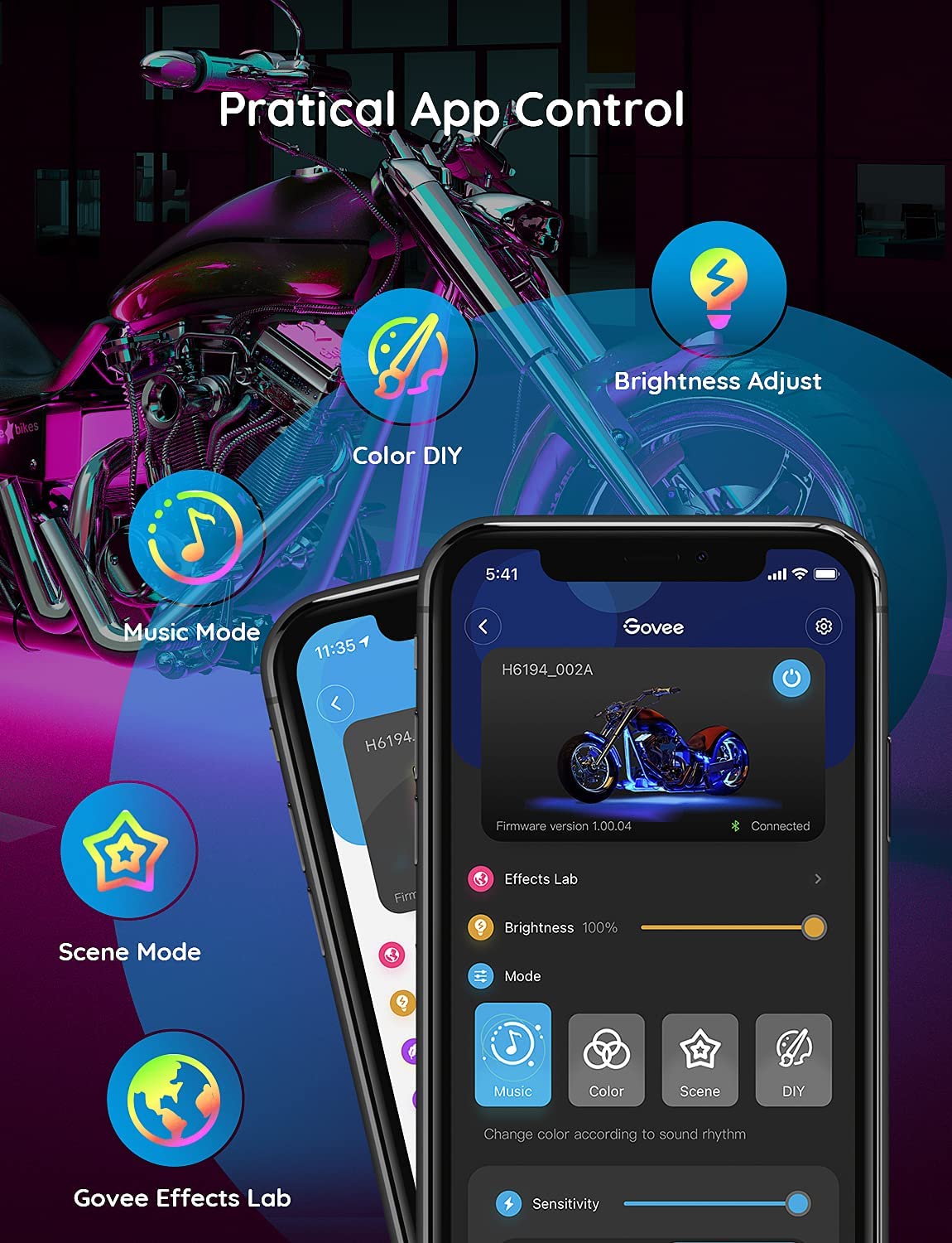 Govee 12 Pcs RGB Motorcycle LED Light Kits H6194 | Kháng nước, cảm biến nhạc, tùy chỉnh màu thông minh | Hàng chính hãng