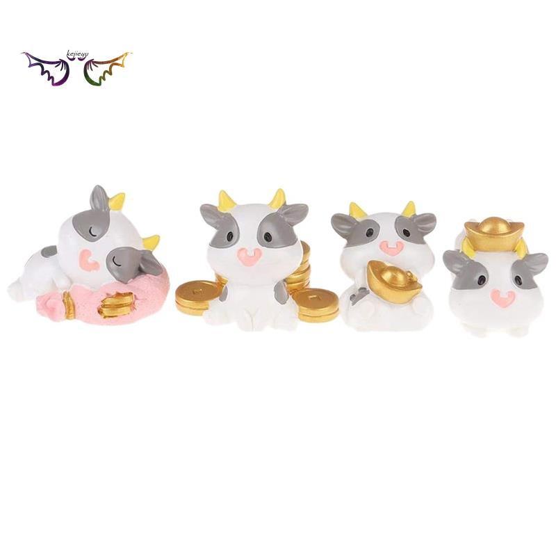 4Pc Year of the Ox Figures Cute Cow Resin Miniature Ornament Wealth Luck Yuan Bao Fairy Garden Mini Landscape Ornaments