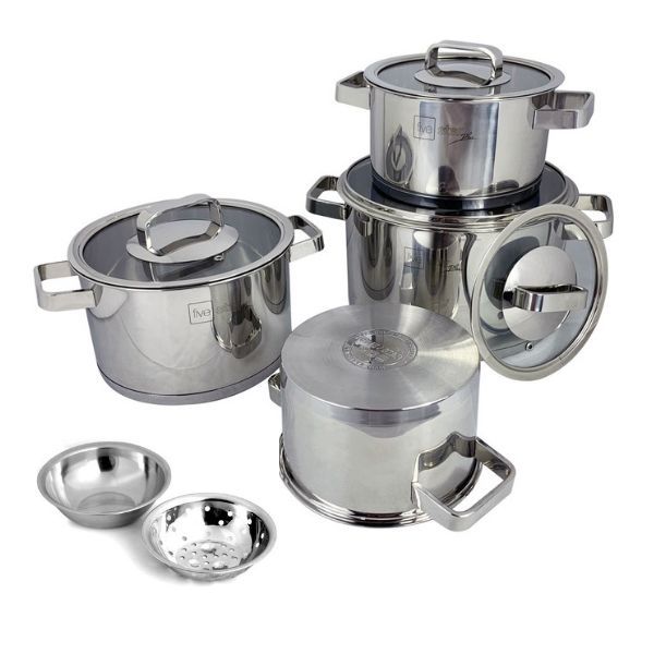 Bộ nồi Fivestar 4 món inox 304 thân thẳng quai vuông nắp kính tặng bộ thau rổ