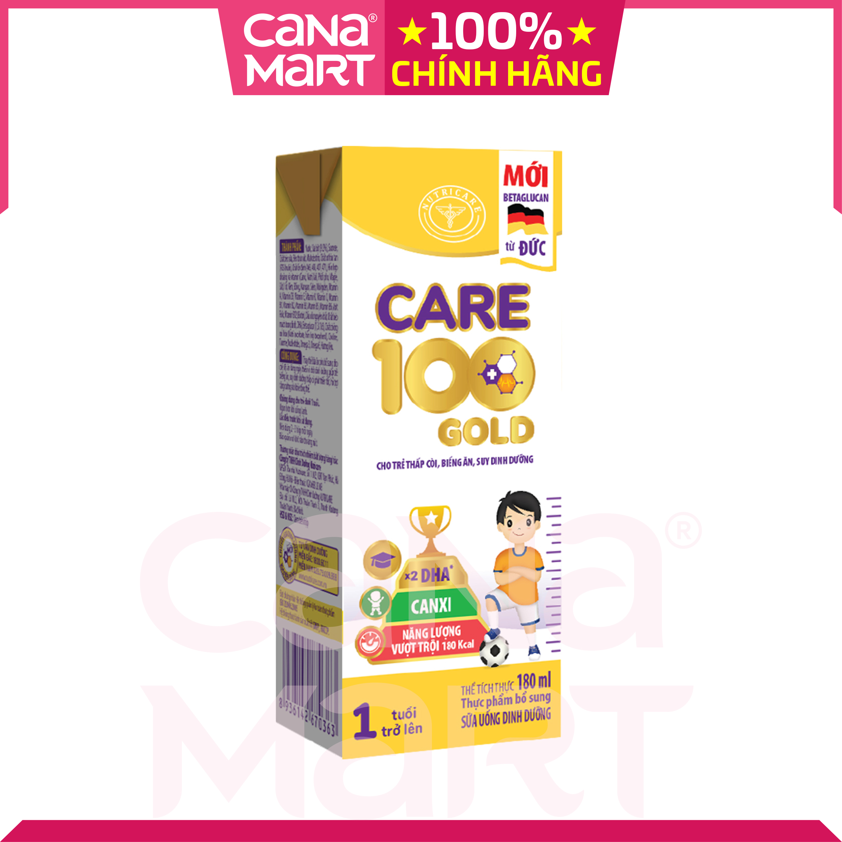 Thùng sữa nước pha sẵn Nutricare Care 100 GOLD cho trẻ thấp còi, biếng ăn từ 1 tuổi (180ml)