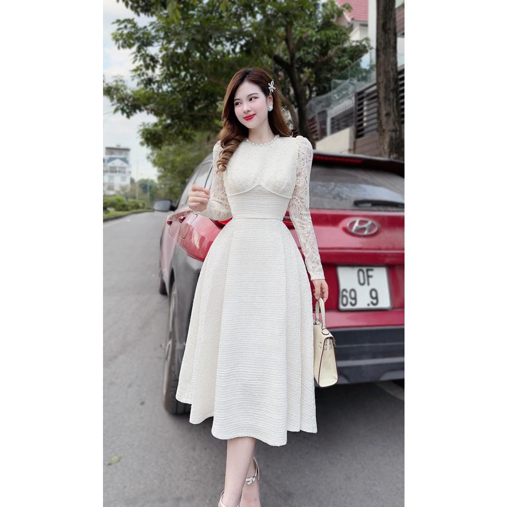 Váy Dạ Tweed Lilia Dáng A Phối Ren Đính Ngọc Màu Kem - Đầm Dạ Tweed Nữ Ấm Áp, Thanh Lịch