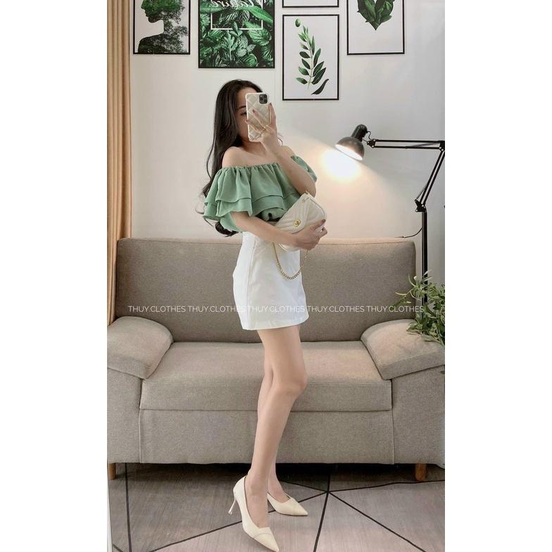 Sét bộ đồ nữ áo bèo lai trễ vai xếp tầng phối chân váy giúp nàng nổi bật dạo phố, dự tiệc
