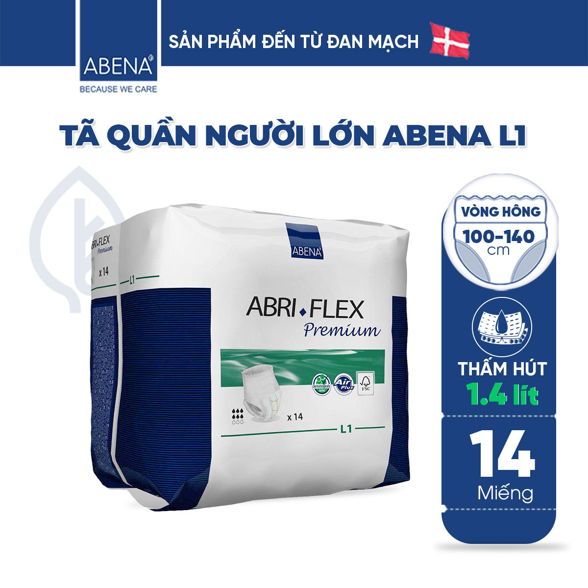 [Thấm hút 1.4 lít] Tã quần người lớn Abena Abri Flex Premium L1 (14 miếng) - Nhập khẩu Đan Mạch