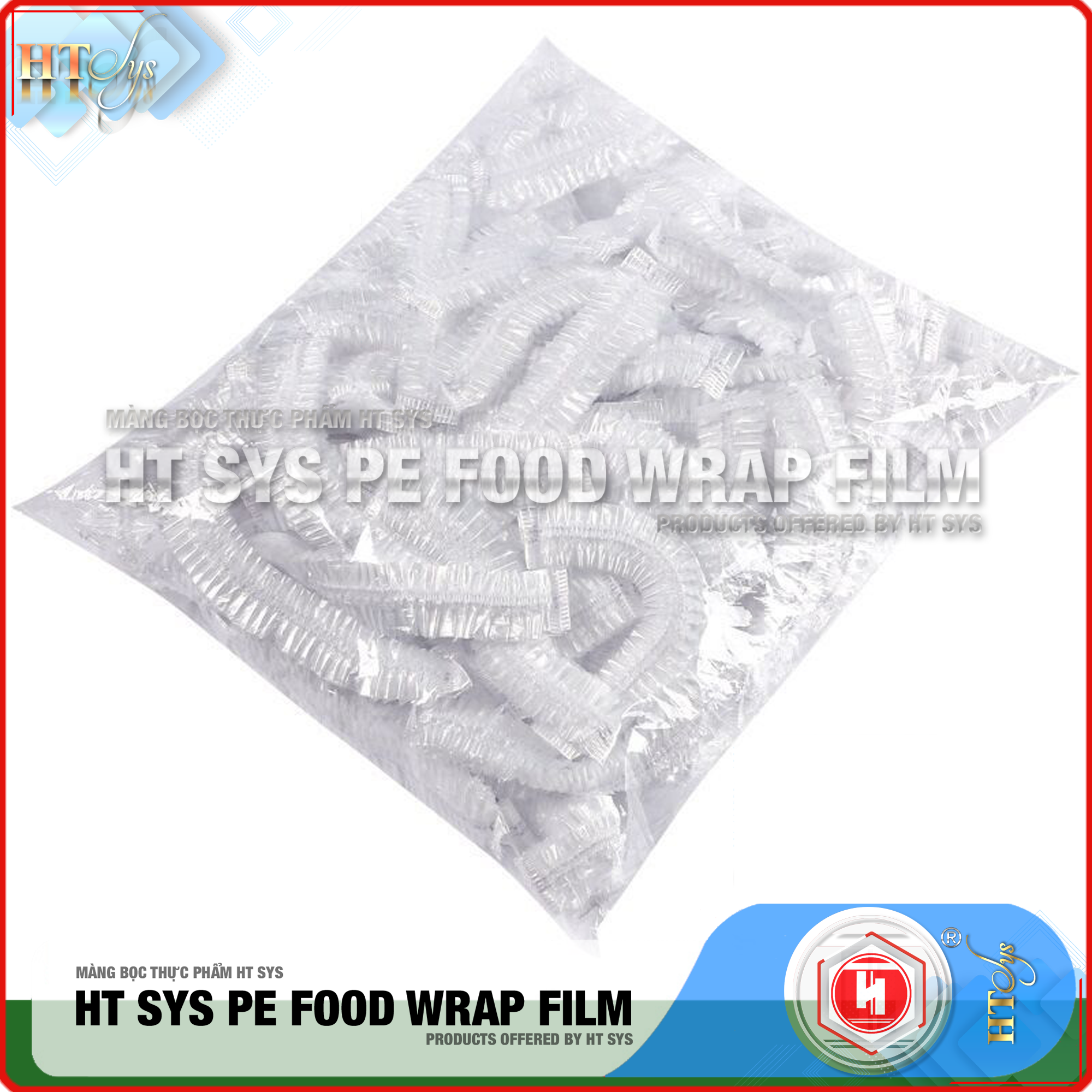 Màng Bọc Thực Phẩm HT SYS PE FOOD WRAP FILM - Chất Liệu PE Cao Cấp - Có Chun Co Giãn - Tái Sử Dụng Nhiều Lần - An Toàn Vệ Sinh - Gói 100 Chiếc Tặng Kèm Túi Đựng Và Móc Dán Đa Năng