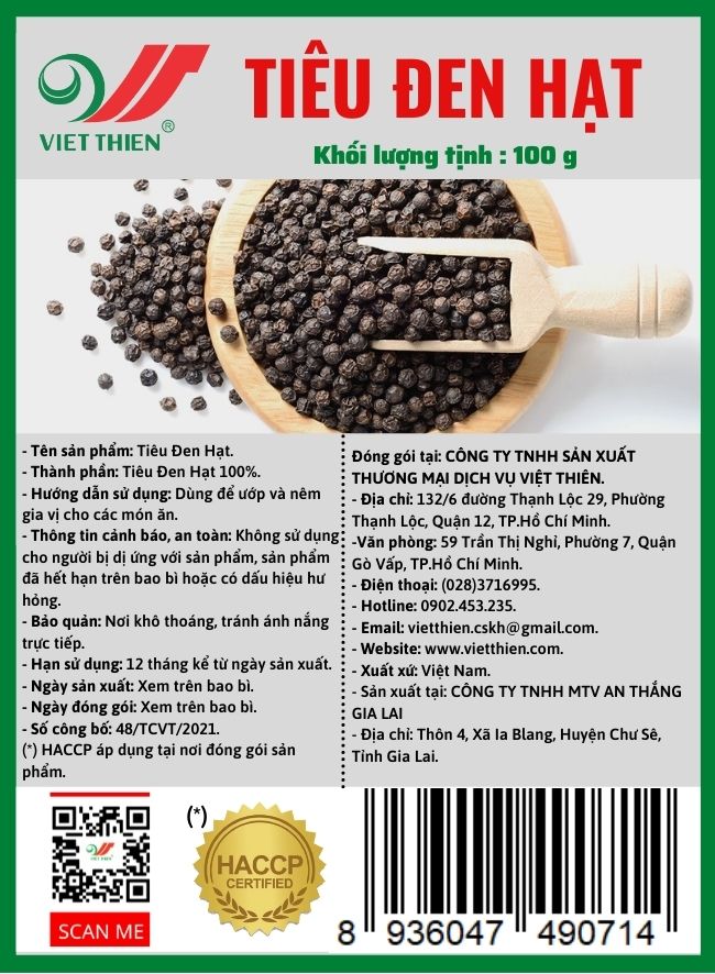 Tiêu Đen Hạt Việt Thiên 100g, nhà máy sản xuất và phân phối nông sản Việt Thiên, giá rẻ