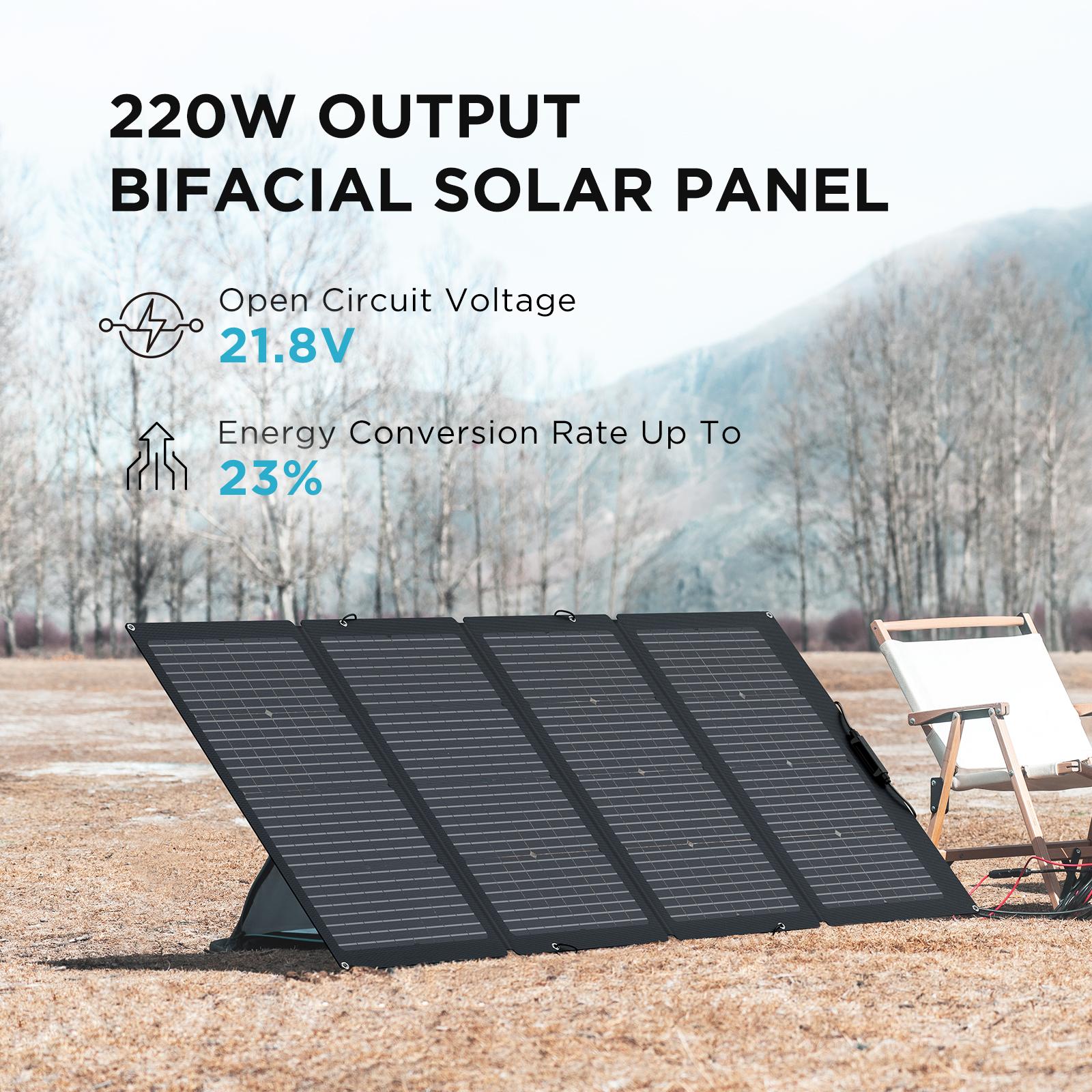 Bảng điều khiển năng lượng mặt trời hai chiều di động ECOFLOW 220W Bộ sạc năng lượng mặt trời có thể gập lại cho nhà máy điện IP68 chống nước với chân đế có thể điều chỉnh Màu sắc: Bảng điều khiển năng lượng mặt trời 220W