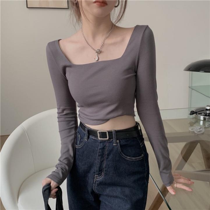 Áo Croptop Tay Dài Cổ Vuông Màu Trơn Co Giãn Phong Cách Hàn Quốc 3 Màu Tùy Chọn