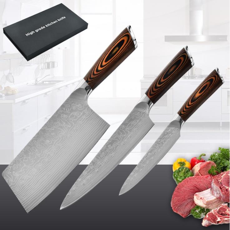 Bộ 3 Dao Nhà Bếp Nhật Khắc Vân Damascus Cao Cấp