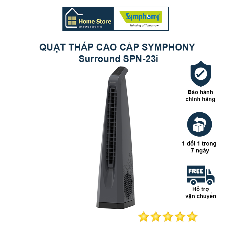 Quạt tháp cao cấp SYMPHONY SPN-23i màu đen có remote điều khiển từ xa hẹn giờ - Hàng chính hãng