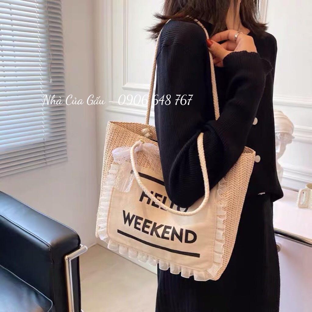 Túi cói Hello Weekend viền ren đeo vai dễ thương