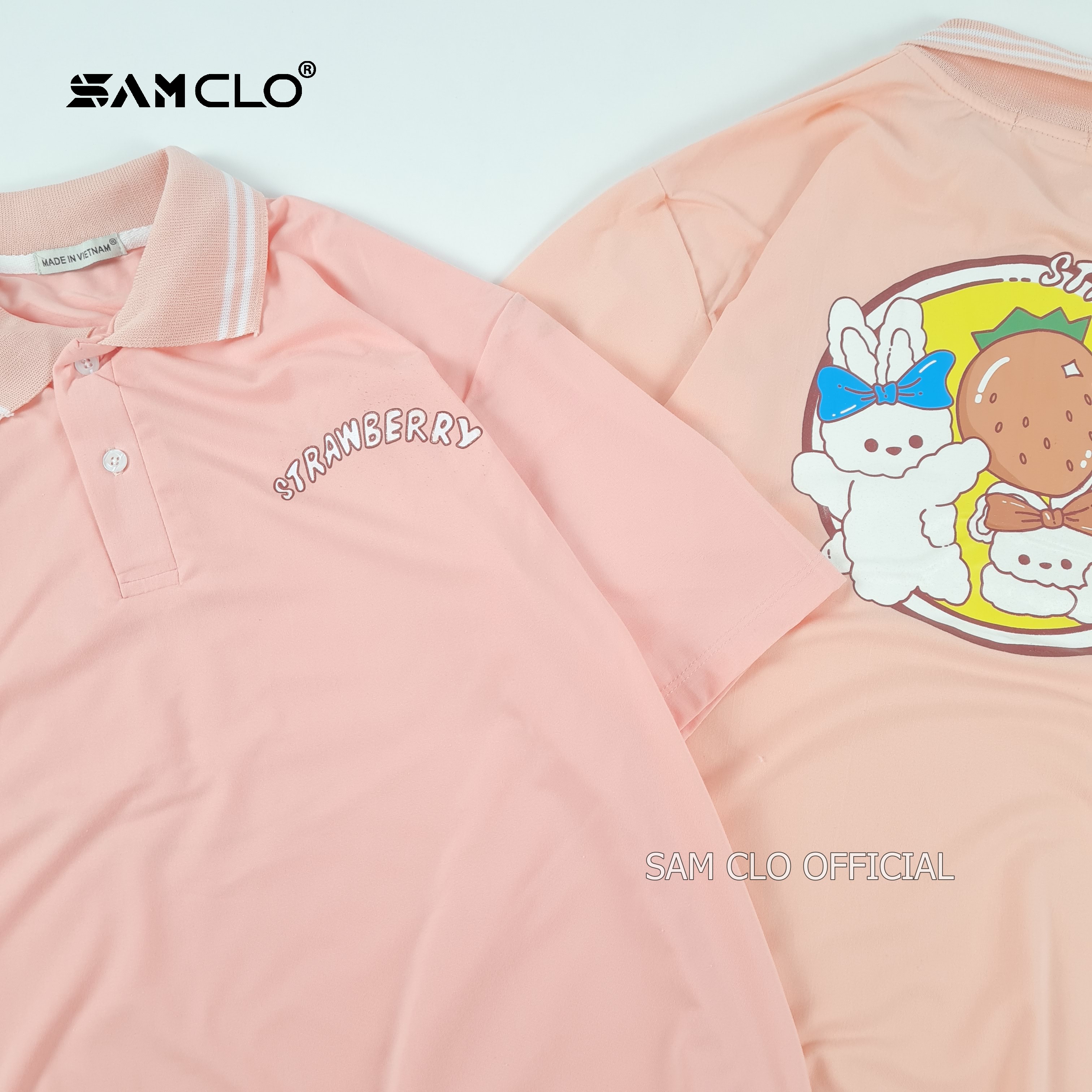 Áo thun Polo nữ tay lỡ form rộng SAM CLO phông freesize unisex mặc đi học, nhóm, lớp in hình thỏ trắng chữ STRAWBERRY - MÀU HỒNG