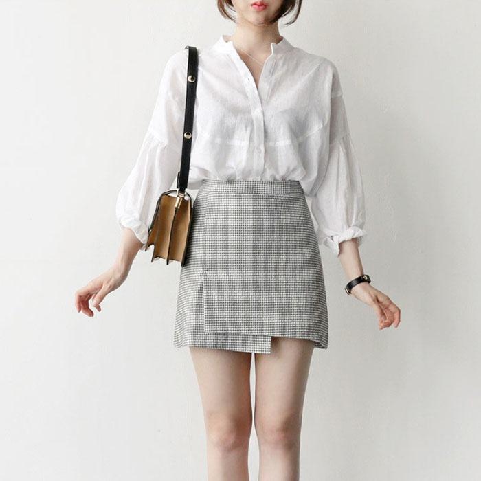 Áo sơ mi nữ cổ trụ tay bồng vai bồng, chất vải thô mềm mát, thời trang phong cách trẻ