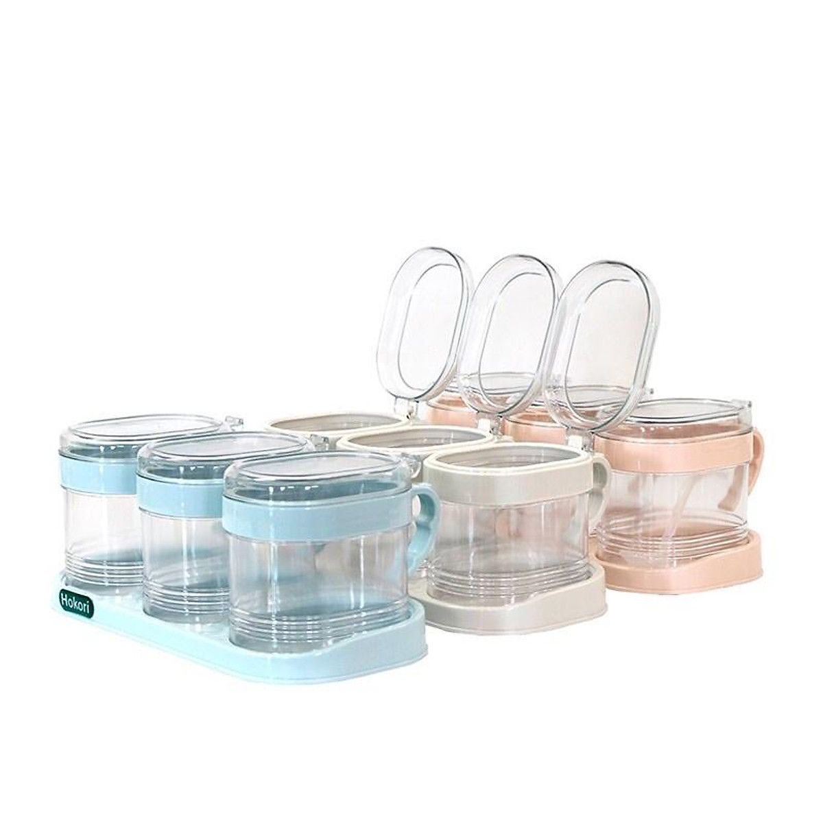 Set hũ đựng gia vị HOKORI nhựa trắng trong suốt kèm muỗng