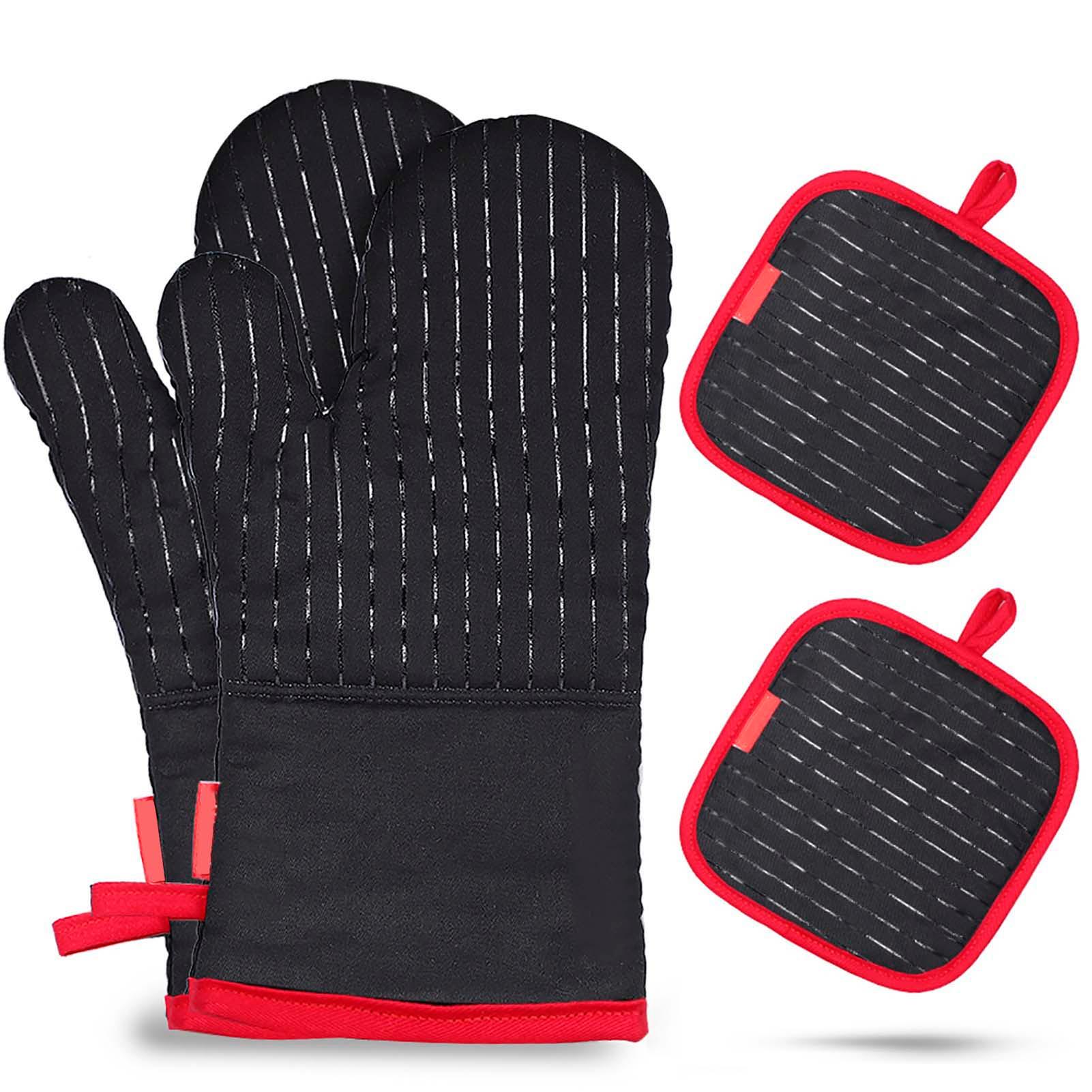 Cotton Silicone Oven Mitts Heat Resistant Non-Slip Barbecue Gloves Kitchen Gloves 1 Pair Oven Mitts 2 Pot Holders
