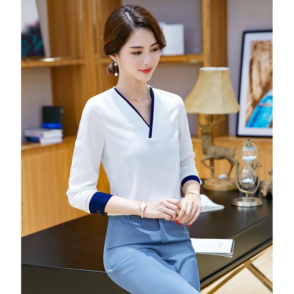 Áo sơ mi cổ v viền màu