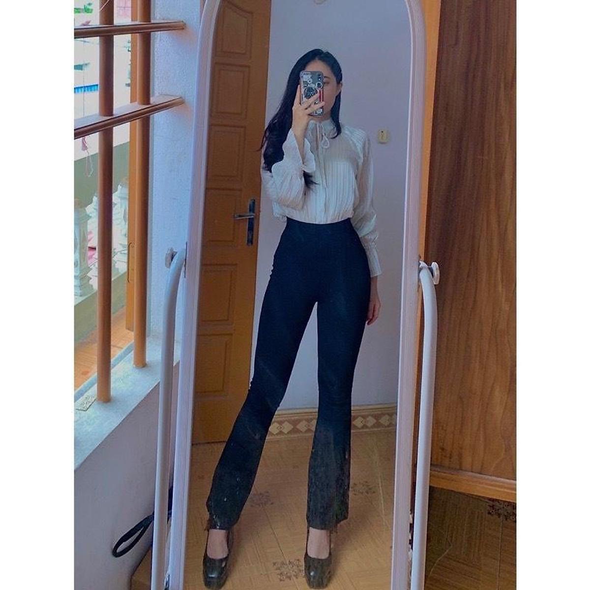 Quần ống loe cạp cao legging dáng dài, Quần legging nữ ôm ống loe dáng dài tôn dáng chất cottong co dãn aloha aloha