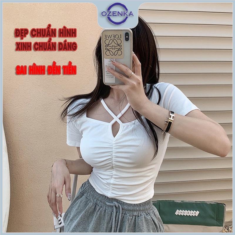 Áo croptop ngắn tay cổ sẻ v màu trơn nữ OZENKA , áo crt đen trắng form ôm body thun gân 100% cotton mềm mịn mát