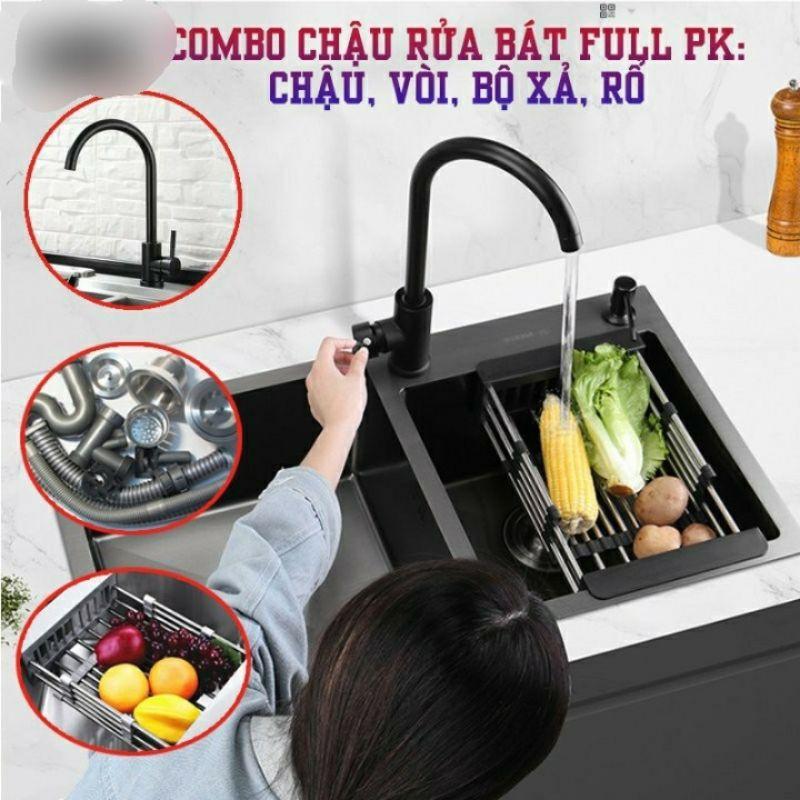 Combo chậu rửa bát kích thước 82*45 + vòi nóng lạnh inox phủ Nano màu đen