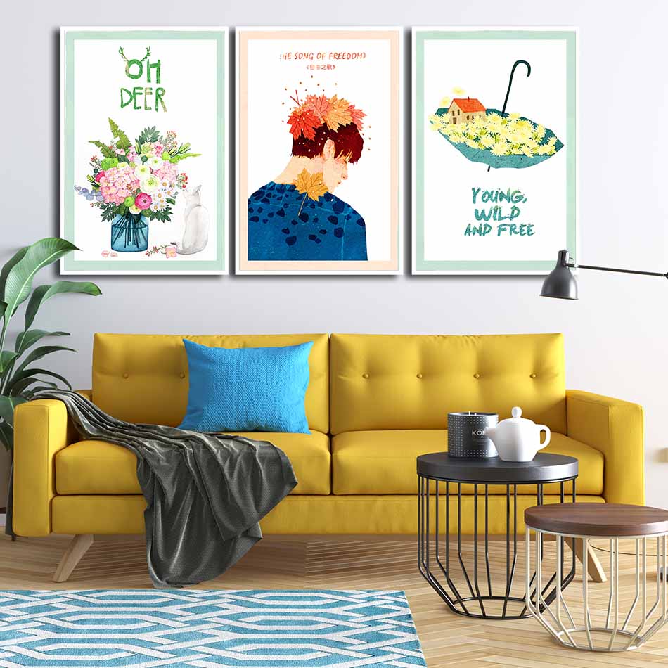 Bộ 3 tranh canvas treo tường Decor Trang trí cách điệu, phong cách lãng mạn, dễ thương - DC090