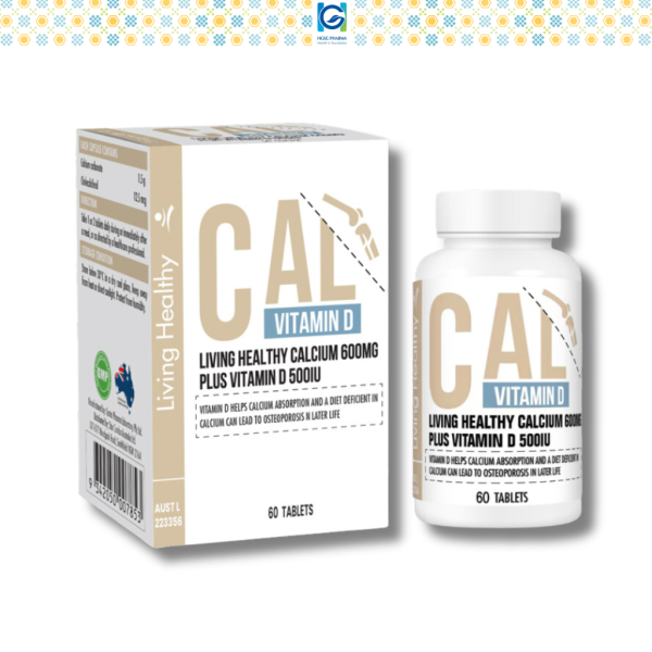 Viên uống bổ sung canxi Living Healthy Calcium 600mg Plus Vitamin D 500IU, Hộp 60 viên