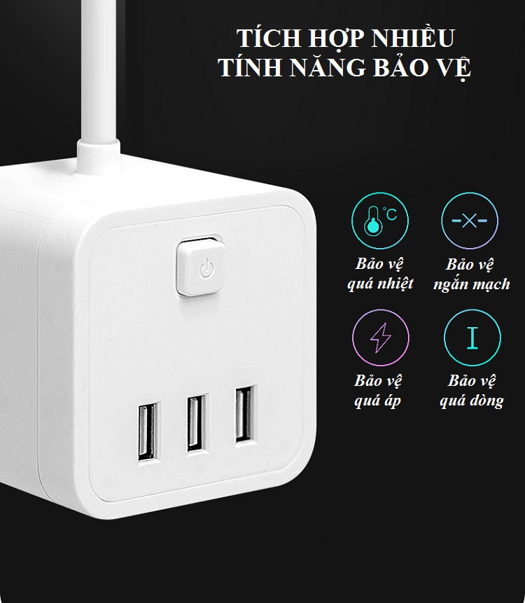 Ổ cắm điện thông minh tích hợp 3 cổng sạc USB và đèn LED siêu sáng Sản phẩm không hể thiếu cho ngôi nhà thông minh của bạn - Tặng kèm 2 nút bảo vệ đầu sạc 