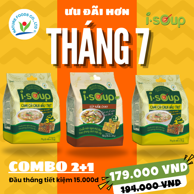 Combo 2+1 Túi Canh Mới ISOUP (2 Cải Chua + 1 Súp Nấm) - Canh Ăn Liền Sấy Thăng Hoa