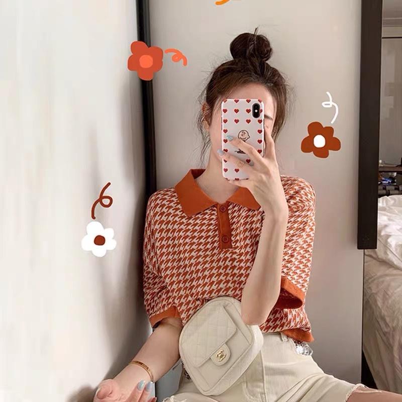 MS665 Áo polo len nữ cổ bẻ hoạ tiết croptop năng động