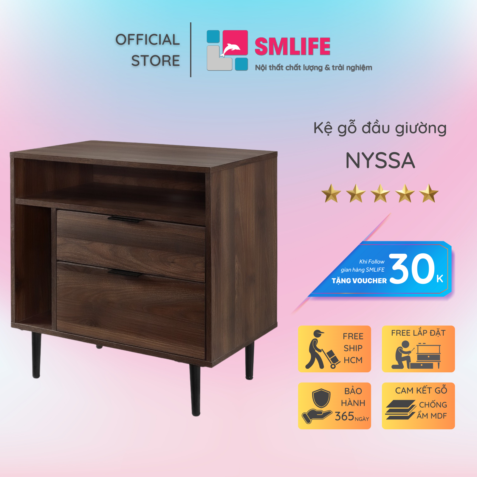 Kệ gỗ đầu giường hiện đại SMLIFE Nyssa | Gỗ MDF dày 17mm chống ẩm | D60xR40xC65cm