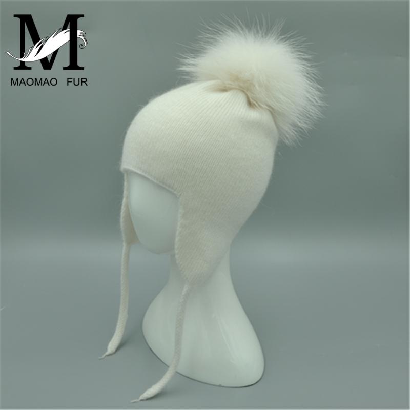 Nón Trẻ Em Trẻ Em Dễ Thương Ấm Beanies Bảo Vệ Tai Nón Mùa Thu Đông Bé Trai Bé Gái Angora Đan Nón Cho Bé Thật Lông Thú bóng Unisex Nắp