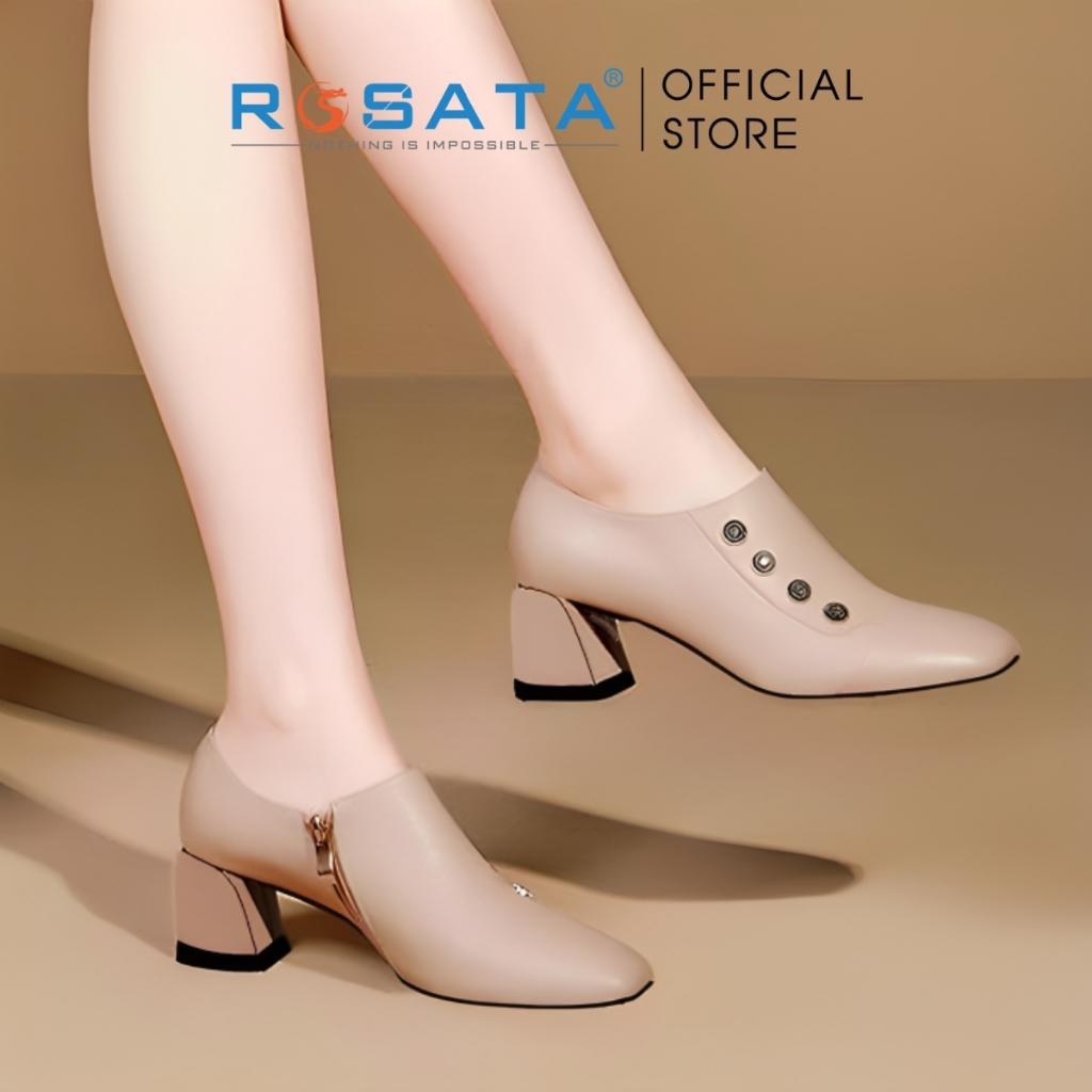 Giày bốt nữ ROSATA RO289 cổ thấp mũi tròn êm chân phối khuy khóa kéo gót cao 5cm xuất xứ Việt Nam - Kem