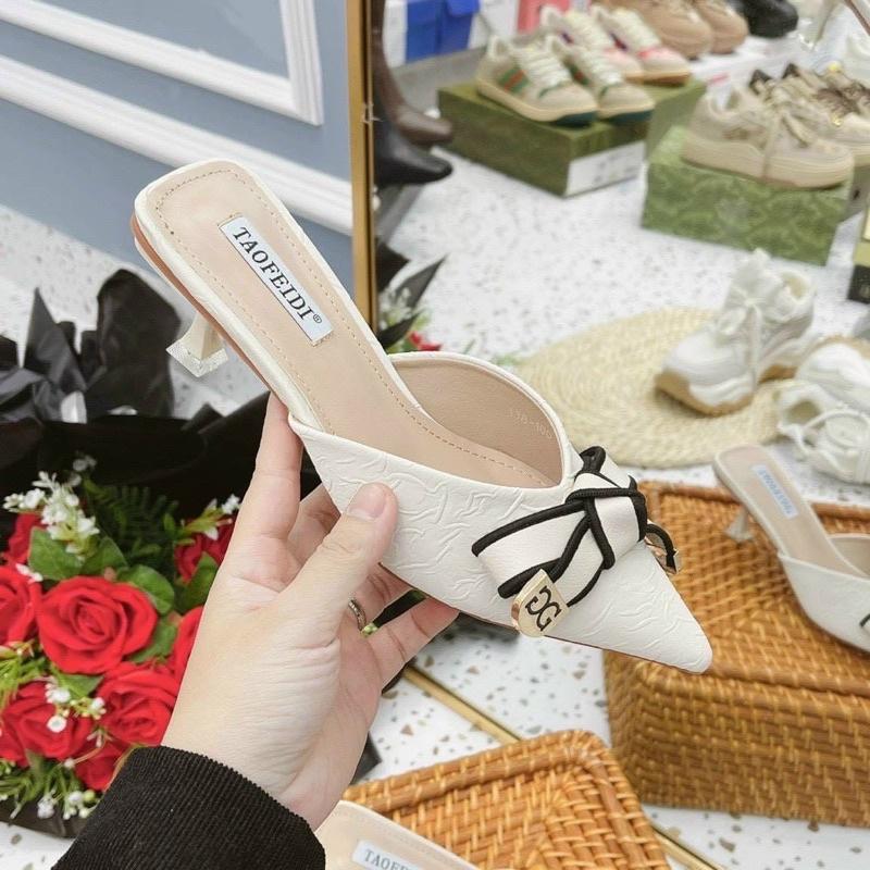Giày cao gót mũi nhọn da lì thắt nơ mẫu mới gót nhọn