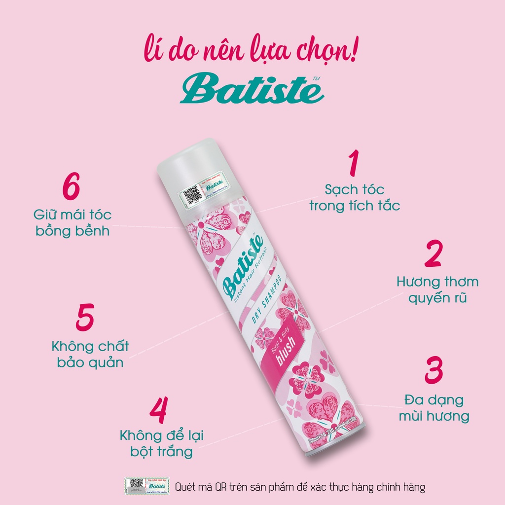 Dầu gội khô Batiste Dry Shampoo 200ml Hết Ngứa, Hết Bết Dính Tóc Bồng Bềnh Tức Thì