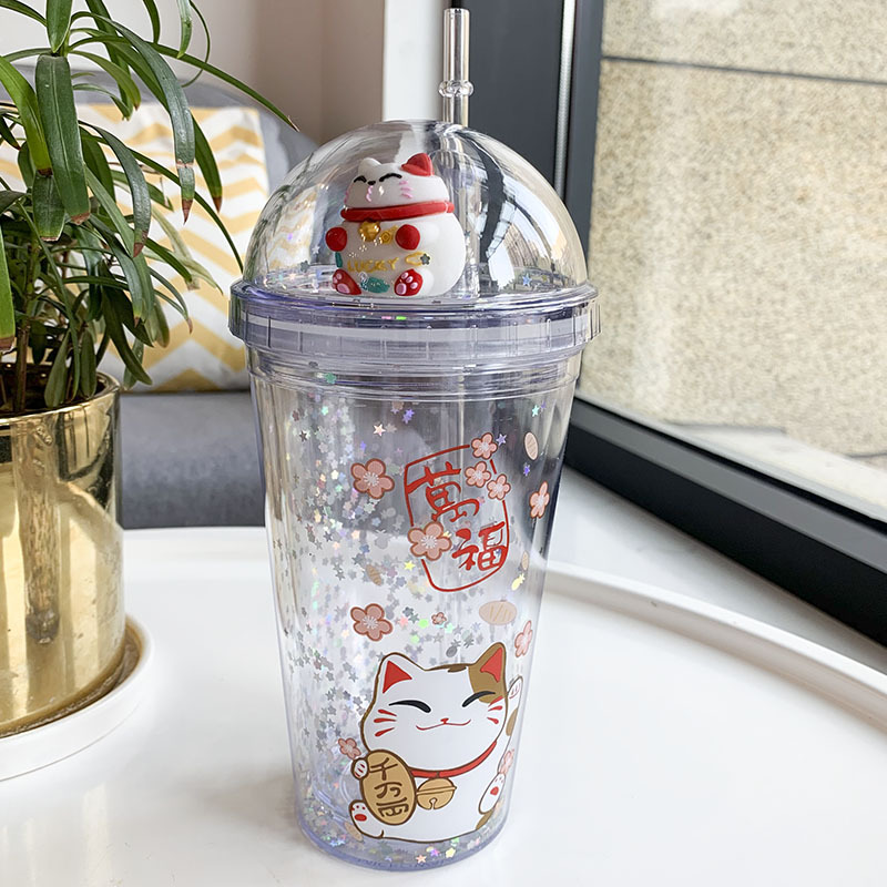 Ly Nhựa Bình Nước Nhựa Họa Tiết Mèo Neko May Mắn Siêu Hot 2 Lớp Kèm Ống Hút 450ml Tiện Lợi