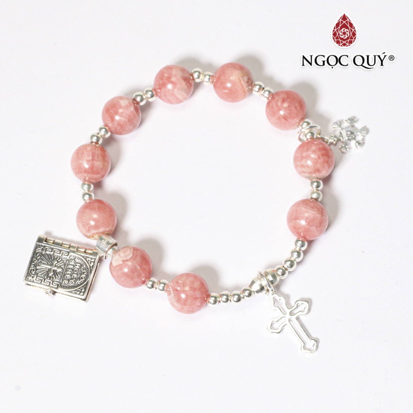 Vòng tay mân côi đá đào hoa rhodochrosite charm thánh giá bạc mệnh hỏa , thổ - Ngọc Quý Gemstones