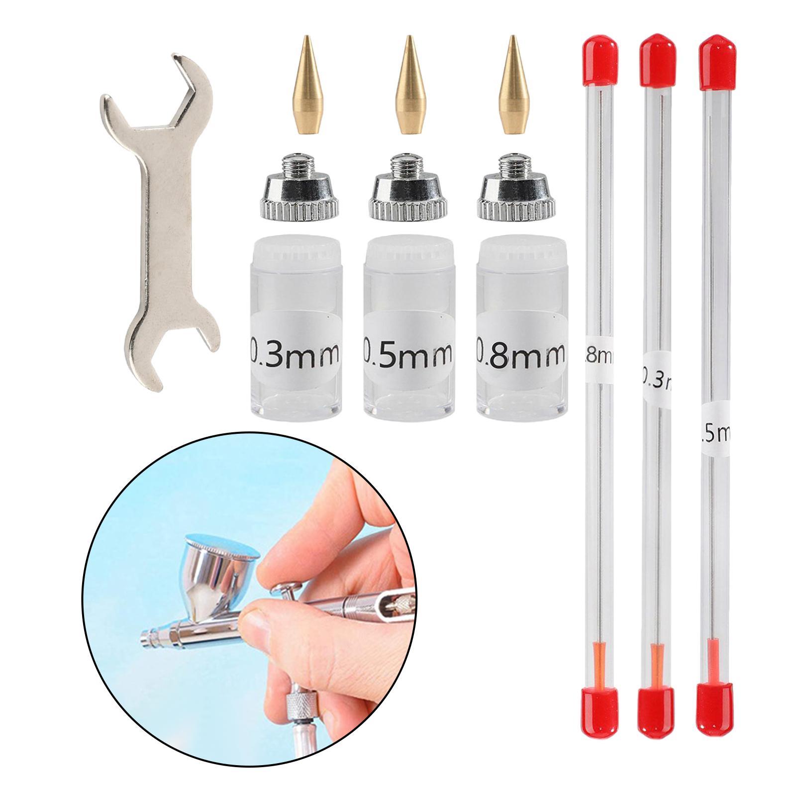 11Pcs 0.3mm 0.5mm 0.8mm Airbrush Nozzle Kits Supplies Mini Wrench Professional with Cleaning Tool Airbrush Spare Parts for Replacement Parts