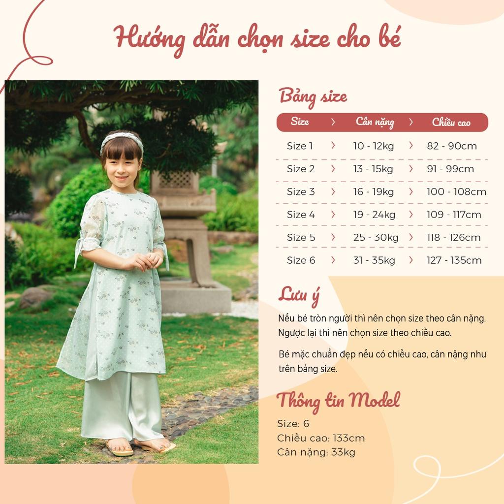 Áo dài bé gái BYZU thiết kế cách tân, cổ tròn 4 tà chất vải lụa và voan tơ hoa nhí