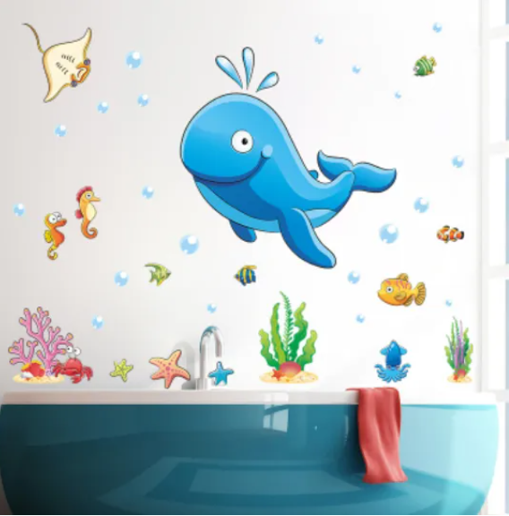 Decal trang trí tường - Chú cá voi xanh hài hước