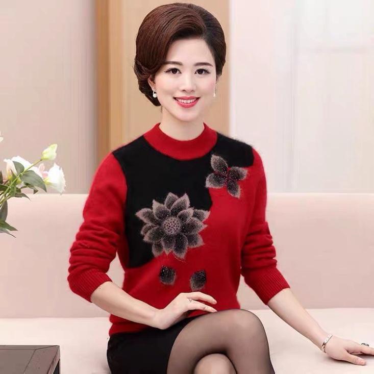 Áo len trung niên cổ cao phối họa tiết hoa sen_áo ấm thu đông cho bà cho mẹ
