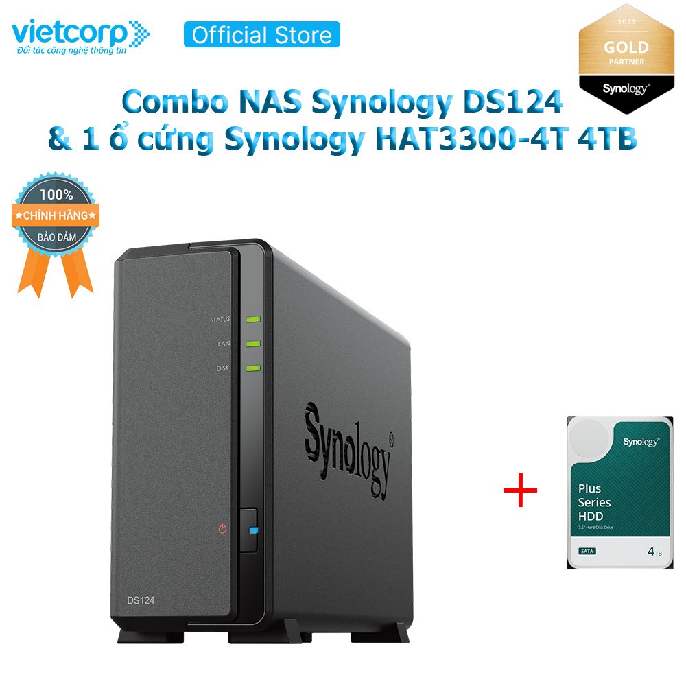 Combo Thiết bị lưu trữ NAS Synology DS124 và 1 Ổ cứng Synology HAT3300-4T Hàng Chính Hãng