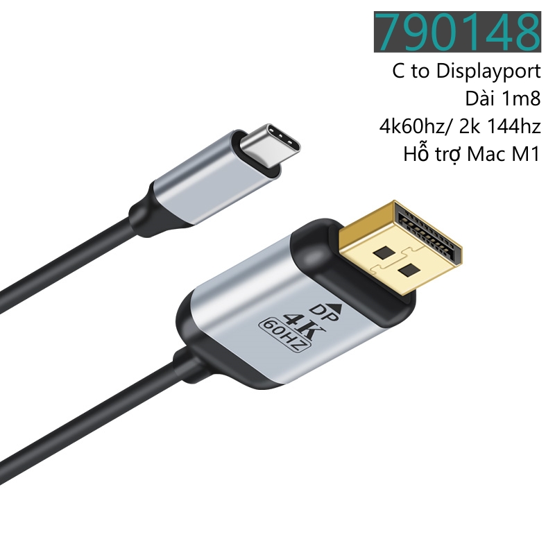 Cáp chuyển usb type-c ra Displayport dài 1m8 hỗ trợ 4k60hz - dùng cho laptop, surface chuẩn c to dp