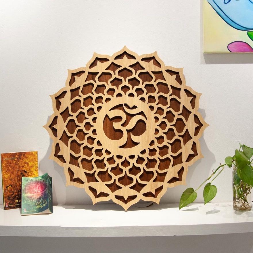 Tranh Gỗ Decor Hoa Mandala Chữ Om Treo Tường Phòng Thiền , Yoga ĐK40cm