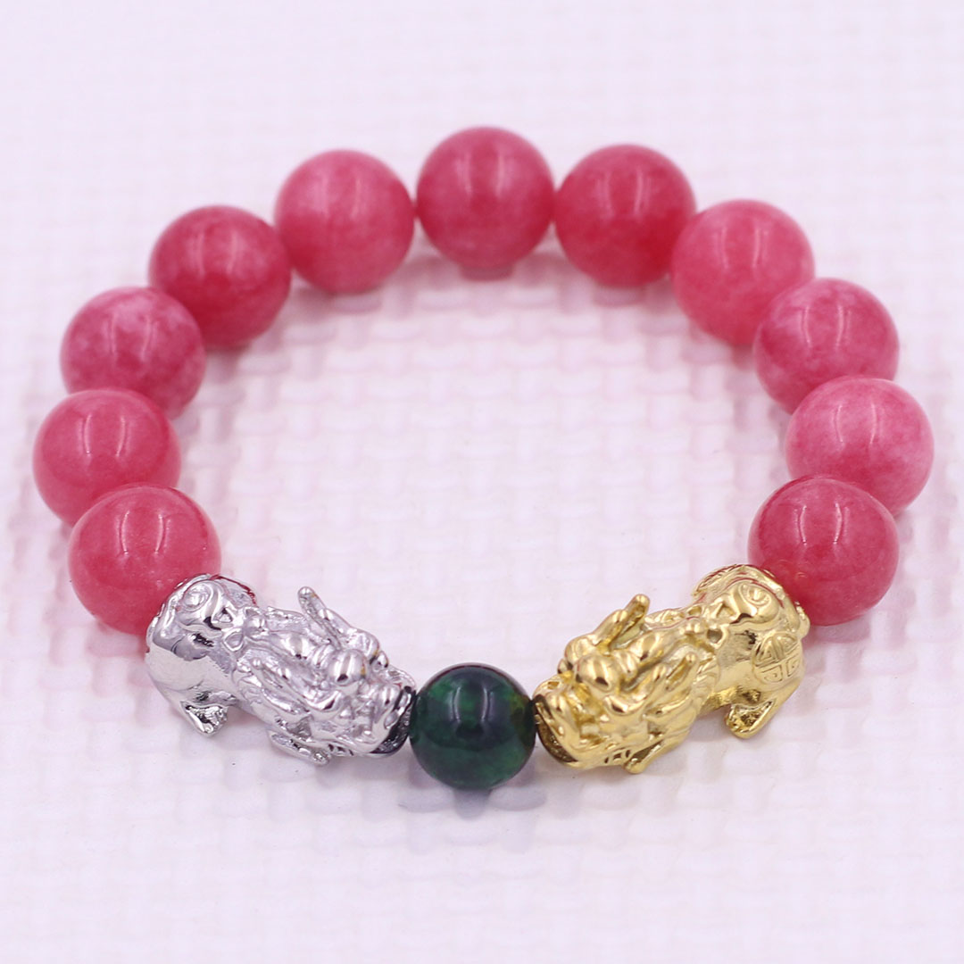 Vòng chuỗi đeo tay đá hồng ngọc 12 ly charm tỳ hưu đôi inox trắng và vàng, vòng chuỗi phong thủy, charm tỳ hưu, vòng tay hạt chuỗi