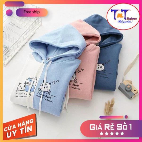 KN20 Áo Khoác Nỉ Hoodie 2 Màu Hình Mèo Phối Túi Áo Nỉ Dài Tay Cho Nữ thời trang sinh viên học sinh cao cấp