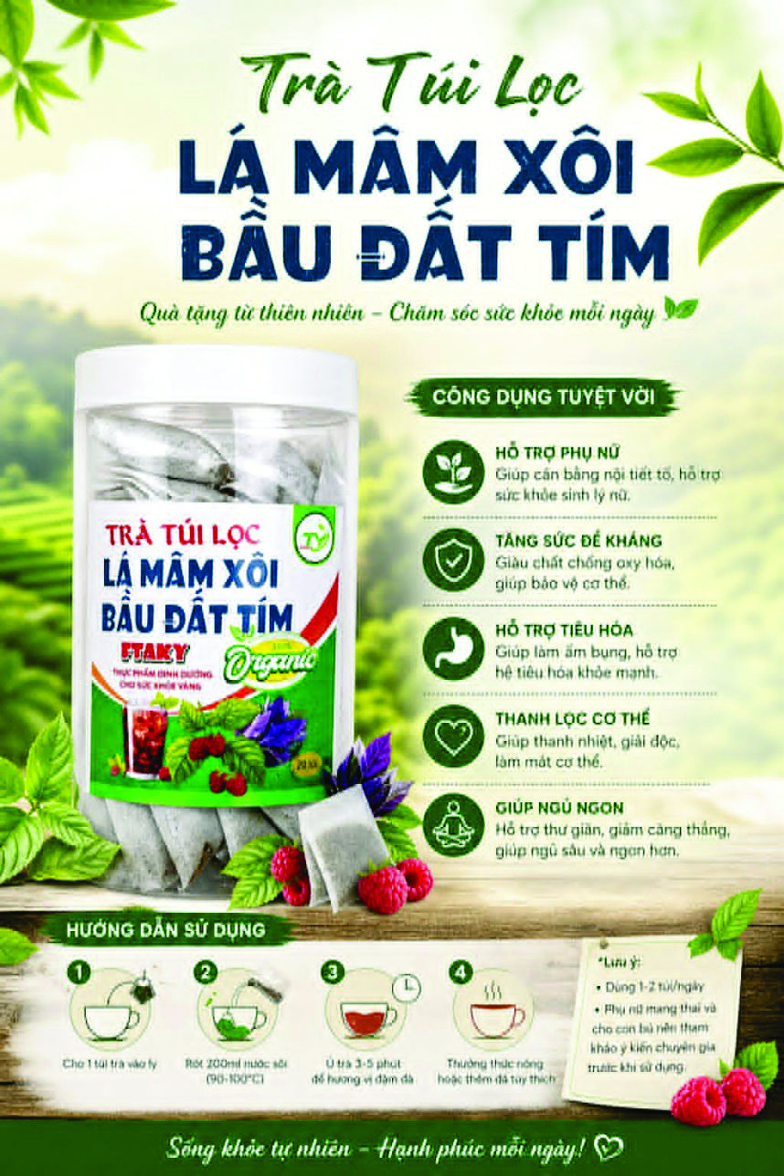 Trà lá Mâm Xôi Bầu Đất Tím - túi lọc tiện dụng 20 gói, thơn ngon dễ uống - Nội tiết tố nữ
