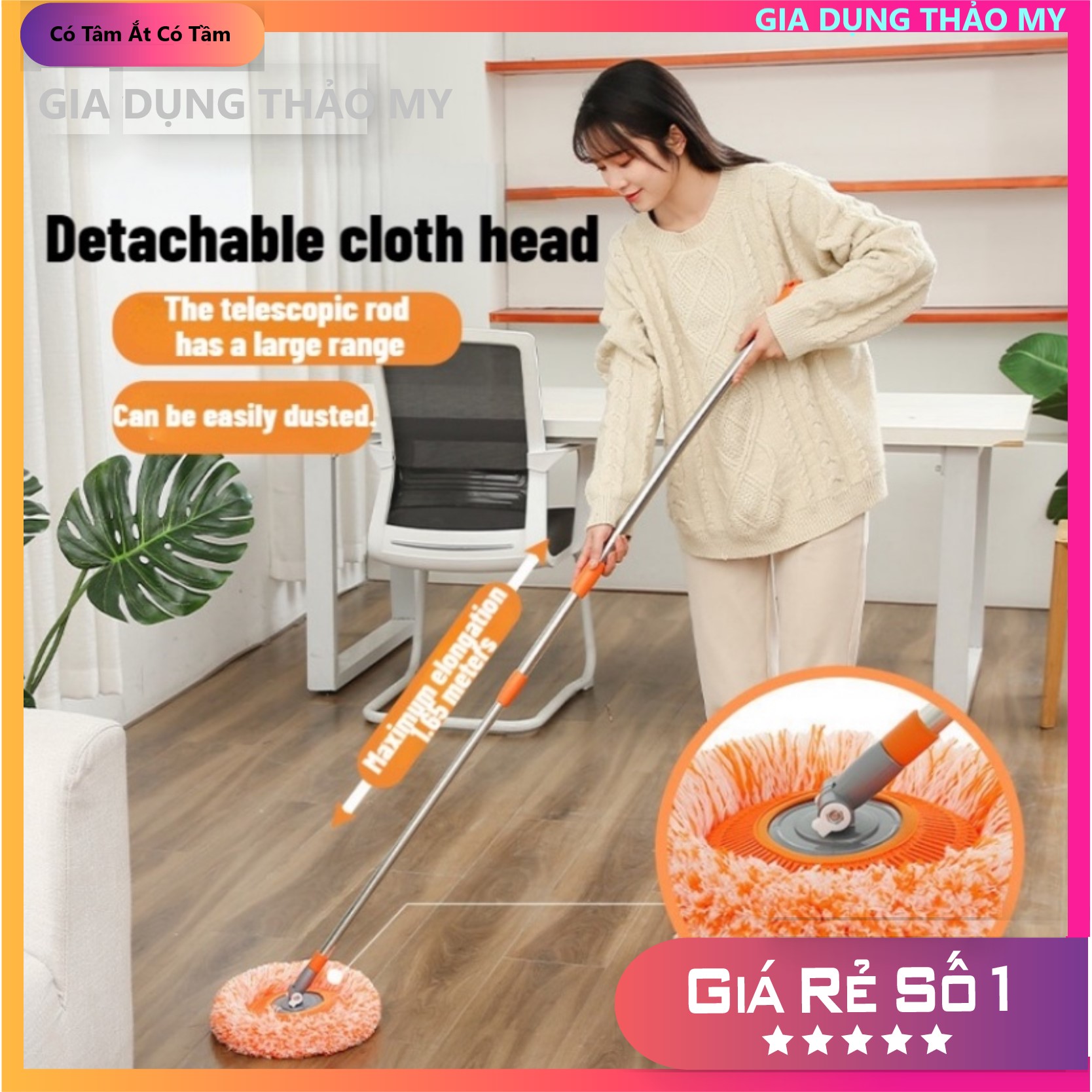 Cây Lau Trần Nhà Đa Năng Tiện Dụng Hình Tròn Hoa Hướng Dương Dài 150 Cm Xoay Linh Hoạt